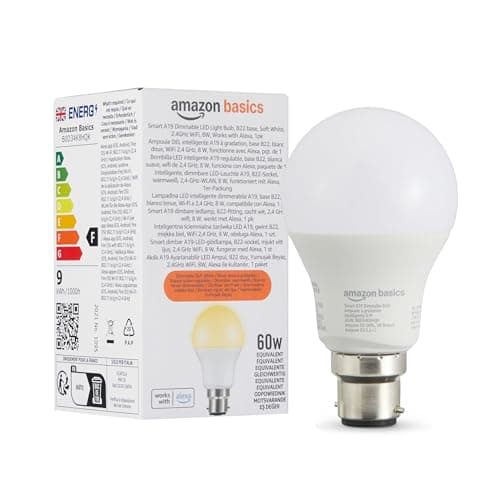 Image of Amazon Basics Smart Dimmable LED Light Bulb, B22 Base, Soft White, 8W (60W Equivalent), Works with Alexa Only, 1 Pack