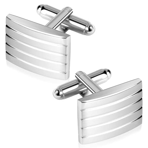 Image of Cncedi Mens Cufflinks, Silver Rectangle Classic Cufflinks Striped Cuff Links, Wedding Cuff Links for Father Husband Boyfriend Groom Business, Wedding, Valentine's Day gifts