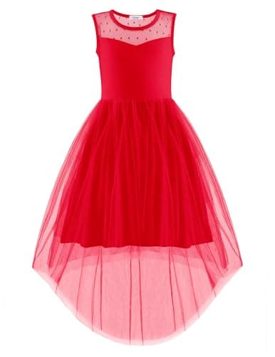 Image of Arshiner Girls' Dresses Sleeveless Children's Summer Party Festive Wedding Communion Bridesmaid Dress Girl Tulle Dress with Asymmetrical Hem and Belt Red 6-7 Years