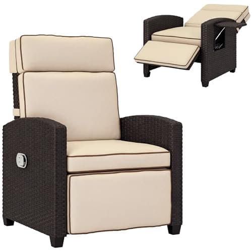 Image of Outsunny Rattan Garden Recliner Chair, Adjustable Backrest Reclining Rattan Chair with Flip Table, Cushion and Footrest, Indoor Outdoor Lounge Reclining Sun Lounger for Patio, Dark Brown/Khaki
