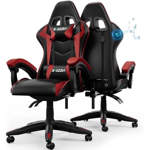 Image of bigzzia Ergonomic Gaming Chair with Speakers - Gamer Chairs with Lumbar Cushion + Headrest, Height-Adjustable Office & Computer Chair for Adults (with Bluetooth Speaker, Red)