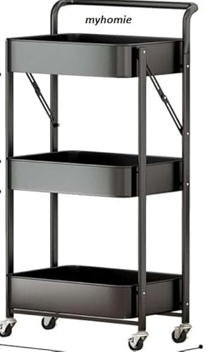 Image of MY HOMIE 3-Tier Foldable Beauty Trolley Cart on Wheels - Heavy Duty Metal Storage Organizer for Salon, Kitchen, Bathroom, Hairdressing, Lash Extensions, Crafts & Home - Wheels, Rust-Proof-Black