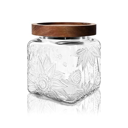 Image of Glass Storage Jars with Airtight Lid - 500 ML Small Square Vintage Kitchen Canister, Decorative Wide Mouth Container for Biscuit, Cookie, Tea Bag, Coffee Ground, Sugar, Sweet, Salt, Nuts, Sunflower