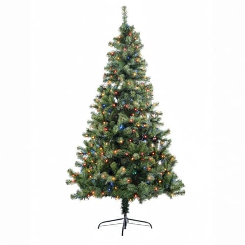 Image of 7ft/2.1m Pre-Lit Artificial Christmas Tree Alaskan Pine Green 800 Tips - 200 Multicolour LEDs Metal Stand Xmas Home Decorations