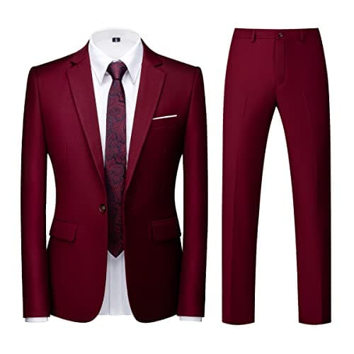 Image of Men Suits 2 Piece Slim Fit Single Breasted One Button Wedding Business Casual Tuxedo Suit Blazer Trousers Suit Set Burgundy XX-Larger