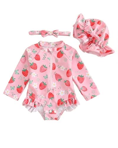 Image of Baby Swimsuit Girl 3-Piece Set 0M-3T, Long Sleeve Toddler Swimming Costume with Hat & Headband, UPF 50+ Infant Rash Vest Front Zipper & Snaps, Pink Strawberry 2-3 Years