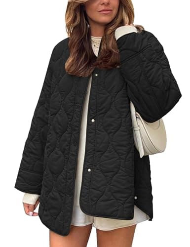 Image of Women's Oversized Quilted Lightweight Jacket Button Down Puffer Padded Outerwear with Pocket (Black,XL)