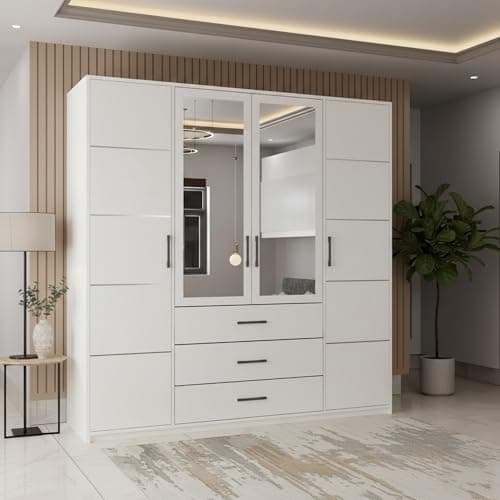 Image of FURNITUREWAVE Modern 4 Door Hinged Wardrobe with 2 Mirror Doors and 3 Drawers Bedroom Wardrobe Mirrored Bedroom Furniture, Double Wardrobe for Bedroom (200cm White)