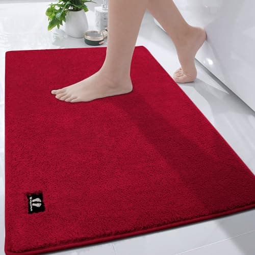 Image of RTBQJ-AT Extra Large Bath Mat 120 x 80 cm Bathroom Mats, Non Slip Absorbent Bath Mats for Bathroom, Microfiber Soft Bathroom Rug, Machine Washable Shower Mat Outside Shower Red Bath Mat