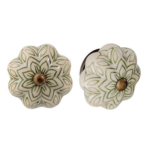 Image of Nicola Spring Ceramic Cupboard Drawer Handle Knobs - Vintage Flower Design - Olive Green - Pack of 6