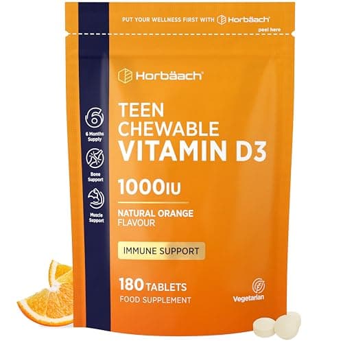 Image of Vitamin D3 1000IU Tablets for Teens | 180 Vegetarian Chewable Tablets | High Strength Supplement for Teenagers Aged 13+ | Orange Flavoured | No Artificial Preservatives | by Horbaach