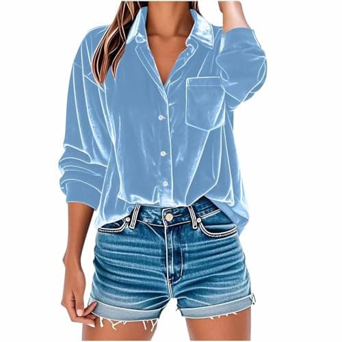 Image of Long Sleeve Tops Women Velvet Blouse V Neck Button Up Shirts Solid Loose Fit Tunic Tops Party Work Casual Oversized Loose Tshirts Ladies Lapel Collar Shirt Elegant Blouse Light Blue