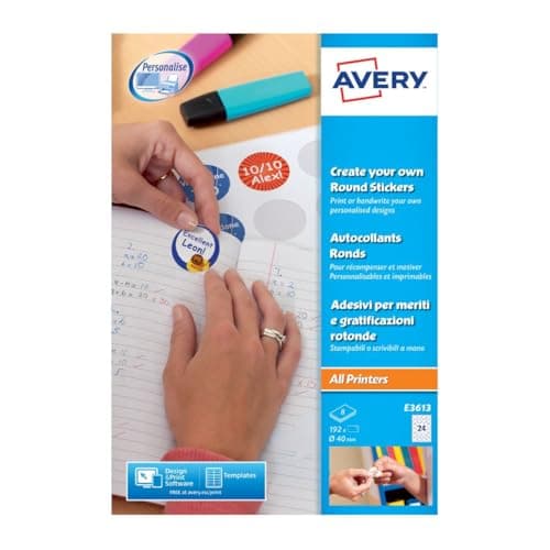 Image of Avery E3613 Printable Round Labels | 24 White Labels Per A4 Sheet (40mm) | Customisable Stickers for Reward Charts, School, Crafts, Organisation & Office Use