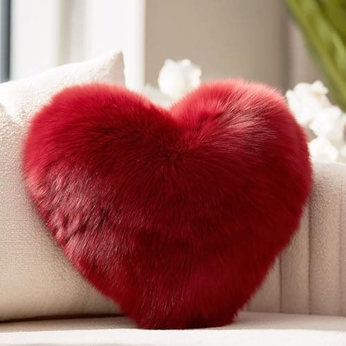 Image of Wucidici Red Heart Pillow, Faux Fox Fur Heart Decorative Pillows, Heart Shaped Throw Pillow for Bed, Soft Fluffy Decorative Cushion for Chair Sofa Living Room - Plush Pillow Home Decor
