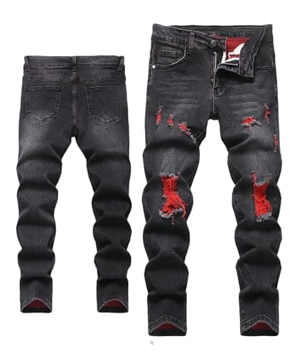 Image of Happy Cherry Kids Boys Skinny Ripped Denim Jeans Comfortable Stretch Slim Fit Pants Trousers School Age 9-10 Years Black