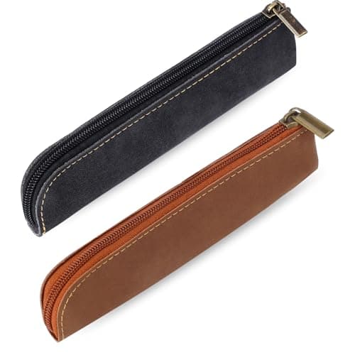 Image of Leather Pencil Pouch, 2 Pcs Slim Pencil Case Portable Small Pencil Case Flat Soft Pencil Bags with Zipper Simple Makeup Bag Lipstick Case for Women Men Home, Office, Travel Outdoor (Black, Brown)