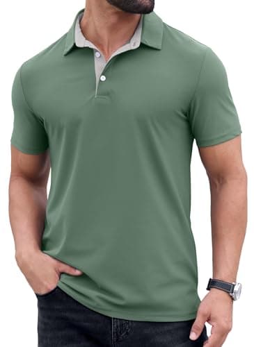 Image of PrinStory Mens Short Sleeve Polo Shirts Summer Basic Work T-Shirt Tops Casual Classic Golf Polos (Green, L)