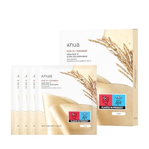 Image of Anua Rice 70 Glow Collagen Mask, Overnight Face Mask for Glass Skin, Ceramide, Collagen Facial Mask, Skin Moisture Barrier, Tightening Care, Natural Color, Korean Skincare, 38g/4ea
