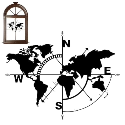 Image of Compass Metal Wall Art – World Map Design, Decorative Wall Hanging | Stylish Metal Map for Living Room, Bedroom, School Decor, Rustic Travel-Themed Wall Art for Home and Offices Spaces