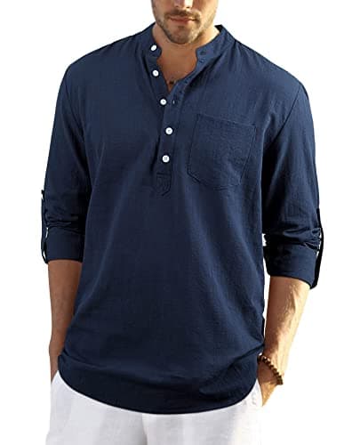Image of Enlision Mens Cotton Linen Shirt Long Sleeve Button Down Summer Navy Blue Henley Shirts Casual Business Shirt Tops XL