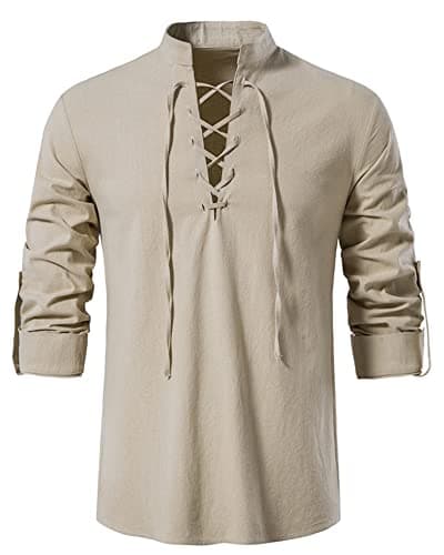Image of YAOHUOLE Men's Cotton Classic Scottish Jacobite Ghillie Kilt Shirt Linen Long Sleeve Shirt Khaki L
