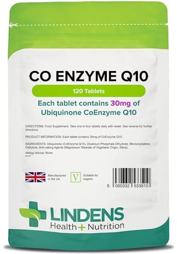 Image of Lindens - Coenzyme Q10 30mg - 120 Tablets - UK Made - Popular for Statin Users | Protection from Oxidative Stress | CoQ10 Ubiquinone | Ubiquinol | Letterbox Friendly, Vegan