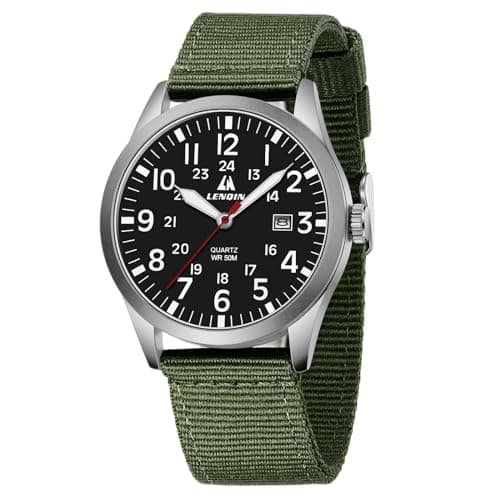 Image of LN LENQIN Mens Watches Military Watch Field Watch Analog Quartz Watches for Men Luminous Army Tactical Outdoor Sports Waterproof Men's Wrist Watches with Date and Nylon Strap (Green Silver Black)