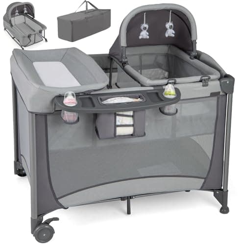 Image of Maxmass 5 in 1 Baby Travel Cot, Foldable Infant Crib with Mattress, Diaper Changer, Storage Pockets, Hanging Toys, Lockable Wheels & Carry Bag, Portable Bedside Sleeper for Newborn (Grey)