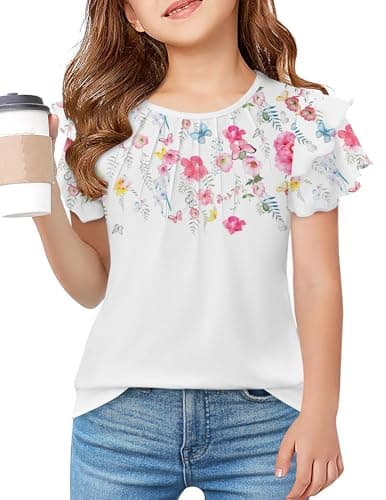 Image of Arshiner Girls' Summer T-Shirt with Ruffles Short Sleeves Pleated Round Neck Casual Tops Tees Blouses for Kids Floral Print 140 9-10 Years