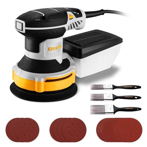 Image of Electric Orbital Sander for Wood: DEKOPRO Sanding Machine with Dust Collector,16Pcs Sandpapers, 6 Variable Speed 14000RPM, 125MM Hand Tool, 3*Flat Paint Brushes,Fit for Woodworking/Sanding(Grey)
