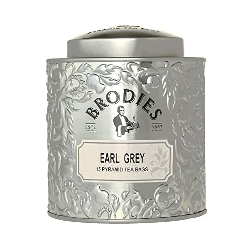 Image of Brodies - Earl Grey Pyramid Tea - Gift Tin Caddy Silver Colour (total 15 Pyramid Tea Bags) - Elegant and scented quintessential British Tea with the citrus Note of Bergamot
