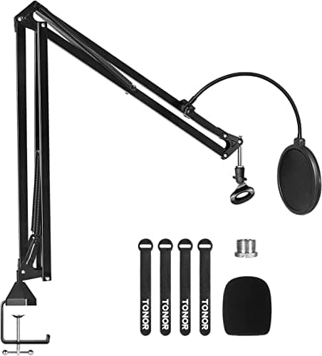 Image of TONOR Microphone Arm Stand, Adjustable Suspension Boom Scissor Mic Stand with Pop Filter, 3/8" to 5/8" Adapter, Excellent Compatibility, Mic Clip, Upgraded Heavy Duty Clamp, 47 cm +47 cm, T30