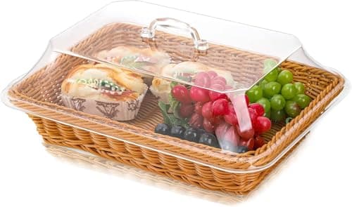 Image of DEAYOU Imitation Rattan Bread Basket with Lid, Woven Tabletop Food Serving Basket, Poly-Wicker Fruit Basket for Vegetable, Restaurant, Display, Kitchen, Party, Rectangle, 13.8" L x 9.8" W