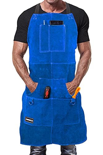 Image of DIMWELD Welding Apron. Leather Apron. Leather Aprons for Men Workshop. Welders and Blacksmith Apron With 6 pockets for men. Heat and Flame Resistant Stitched in Kevlar - Blue