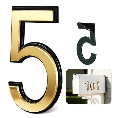 Image of 4 Inch Gold House Numbers for Outside, VONDERSO Self-Adhesive Mailbox Numbers with Exclusive Electroplated Finish and Durable ABS Base, for House Plaques, Mailbox, Yard, Garage – Plaque Number ‘5’