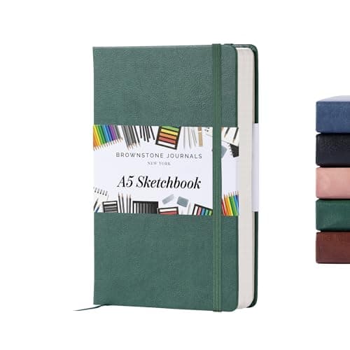 Image of BROWNSTONE JOURNALS A5 Sketch Book Hardcover - 80 Sheets 100 GSM Paper 5"x8", Lay Flat, Vegan Leather Cover, Elastic Band, Back Pocket, Art Drawing Book (Dartmouth Green)