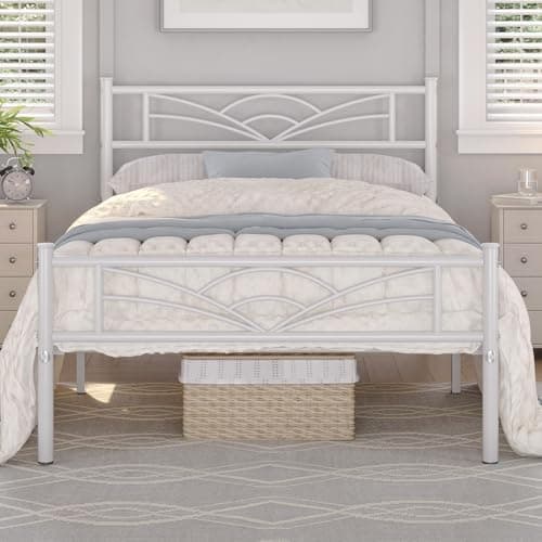 Image of Yaheetech 3ft Single Bed Frame Slatted Metal Bed with Cloud-inspired Design Headboard, Ample Under-bed Storage White