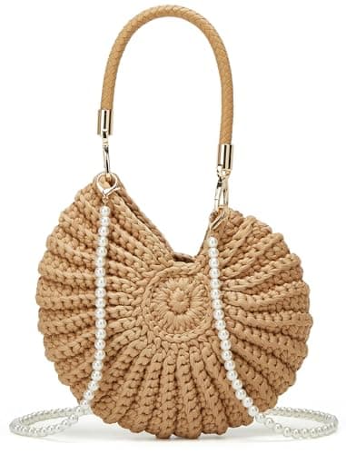 Image of Handmade Crochet Seashell Bag - Women's Boho Beach Tote Handbag with Pearl Accent, Crochet Shell Purse for Summer Vacation, Shoulder Crossbody Hobo Clutch (Khaki)