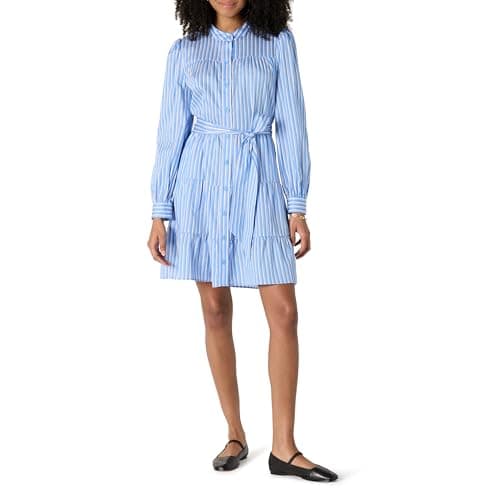 Image of Amazon Essentials Women's Cotton Sateen Long Sleeve Shirt Dress, Blue White Stripes, L
