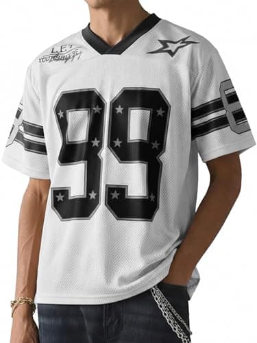 Image of HAWILAND Men's Mesh Short Sleeve V Neck Jersey Tops Graphic Basketball Football Oversized Tee T Shirt White X-Large