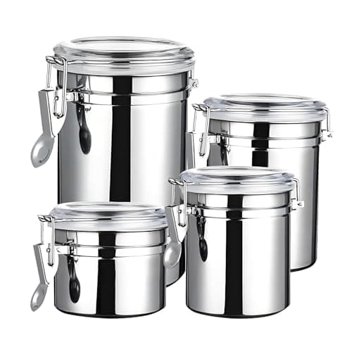 Image of Homeily Set of 4 Stainless Steel Canisters, Airtight Food Storage Canister Set with Clear Lid Kitchen Containers Sets for Coffee Bean, Cereal, Sugar, Flour, Tea, Candy, Cookie, Spice, 28/32/38/65 oz.