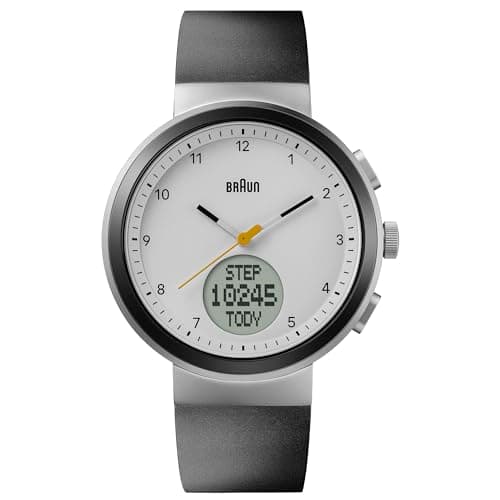 Image of Braun Analogue Quartz Watch with Digital Display with Calendar and Step Count, White Dial and Black Silicone Rubber Strap, 45mm Stainless Steel Case, Model BN0299PWHBKG.