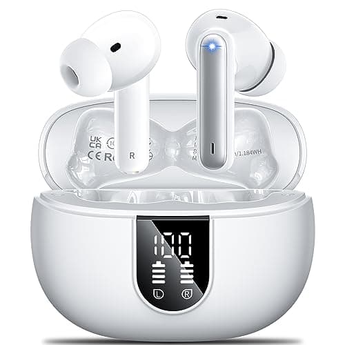 Image of Wireless Earbuds,Wireless Earphones Bluetooth 5.3 in Ear with 4 Mic ENC Calls Noise Cancelling Wireless Headphones Mini LED Display HiFi Stereo 42H Playtime Bluetooth Earbuds Touch Control/IP6/White