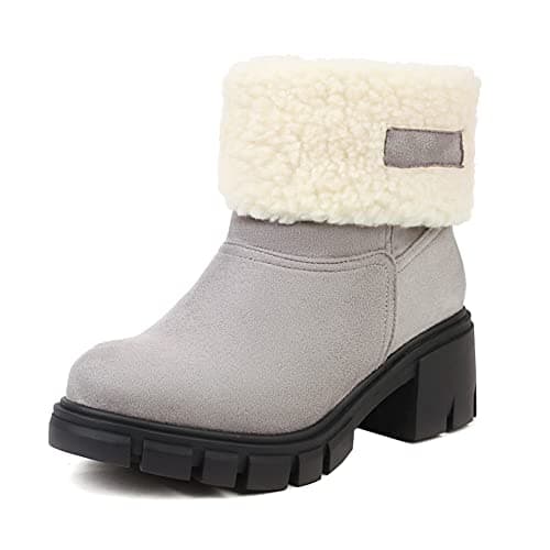 Image of LIPIJIXI Low Heel Winter Boots for Women Side Zipper Suede Buckle Warm Boots Chunky Heel Snow Boots Round Toe Faux Fur Snow Ankle Boots Grey size 42