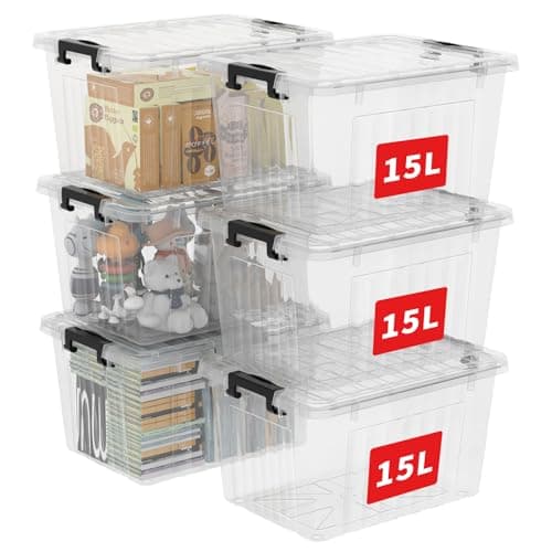 Image of Cetomo 15L*6 Storage Boxes with Lids, Plastic Storage Box with Secure Side Latches, PP Nestable and Stackable Clear Organizer for Home, Office, Moving, Transparent, 15L-6 Pack