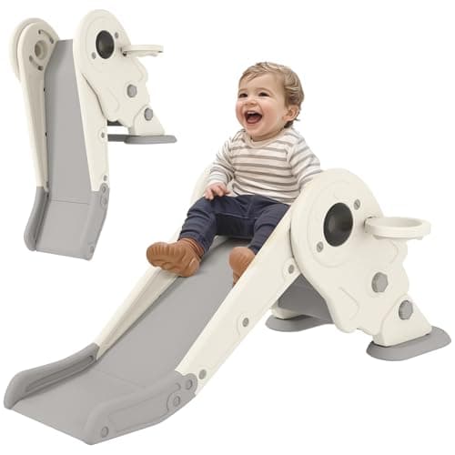 Image of AIYAPLAY Kids Slide with Basketball Hoop, 3-in-1 Toddler Slide with Climber for Indoor, Foldable Freestanding for Toddlers, Ages 2-5 Years, Cream White