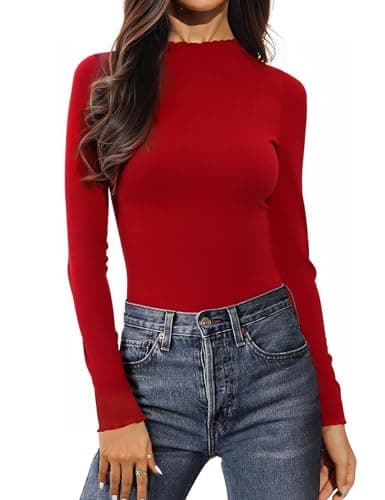 Image of Aottori Thermal Tops Womens Long Sleeve T Shirts Ladies Polo Neck Base Layer Thermal Underwear Ribbed Fitted Basic Pullover Top Red L