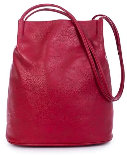 Image of Mabel London Women's Fashion Designer Medium Size Plain Soft Vegan Leather Hobo Bucket Tote Shoulder Bag - Delilah (Red)