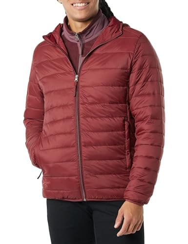 Image of Amazon Essentials Men's Lightweight Water-Resistant Packable Hooded Puffer Jacket, Dark Red, M