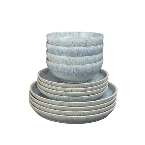 Image of Denby - Halo Speckle Coupe Dinner Set for 4-12 Piece Ceramic Reactive Glaze Tableware Plate & Bowl Set - Dishwasher Microwave Safe Stoneware Crockery - 4 x Dinner Plates, Medium Plates, Cereal Bowls
